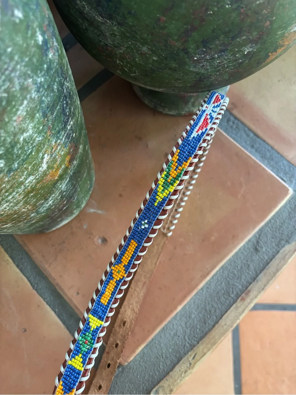 Vintage hand stitched, hand beaded, genuine cowhide skinny belt: southwestern